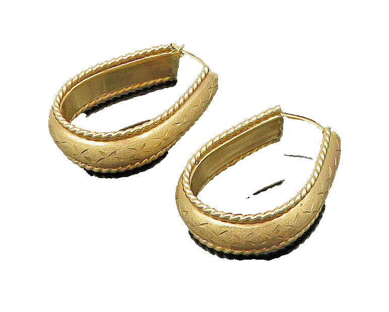 14K GOLD Vintage Shiny Etched Pattern Victorian U Shape Hoop