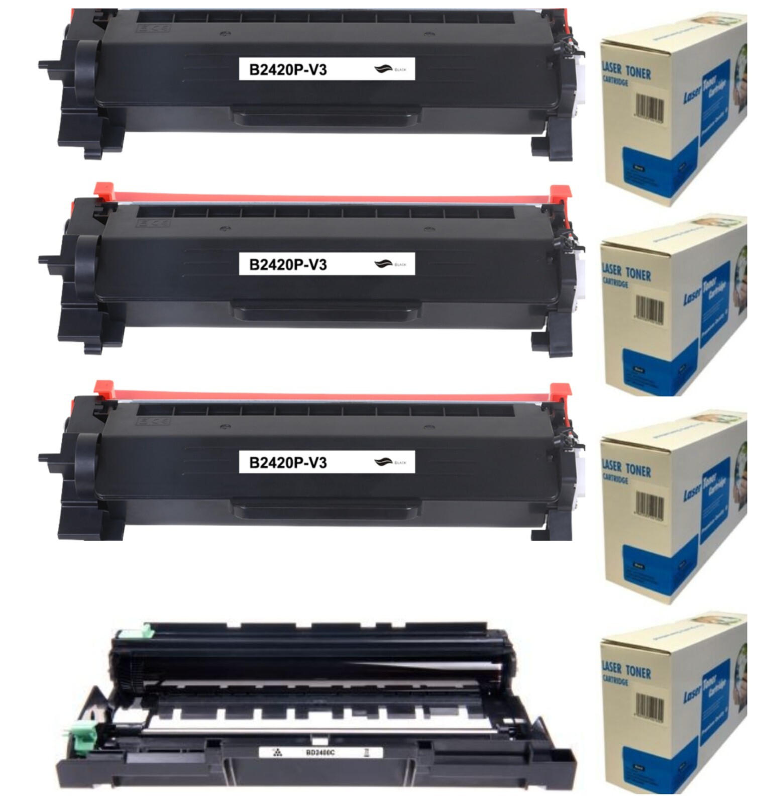 3 Toner & 1 Drum Fits BROTHER DCP-L2510D Printer Tn2420 Dr2400 Black Compatible