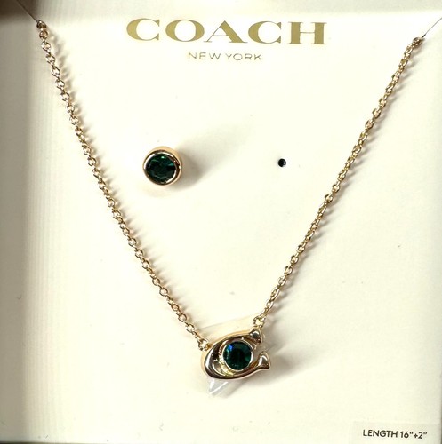 Coach Faux Green Stone Signature Sculpted C Gold Tone Necklace 16" + 2" - Picture 3 of 5