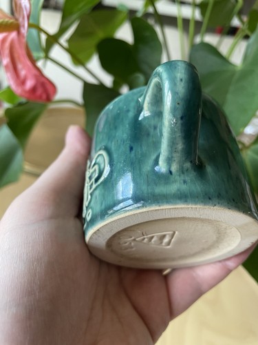 MCM Bornholm Kunstkeramik Dänemark grün blaue Glasur 2,25" Becher M Andersen, 60531 - Bild 7 von 7