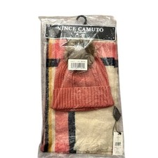 Vince Camuto Beanie  Scarf Set O/S Pink Plaid Pattern Knit Acrylic Winter NWT