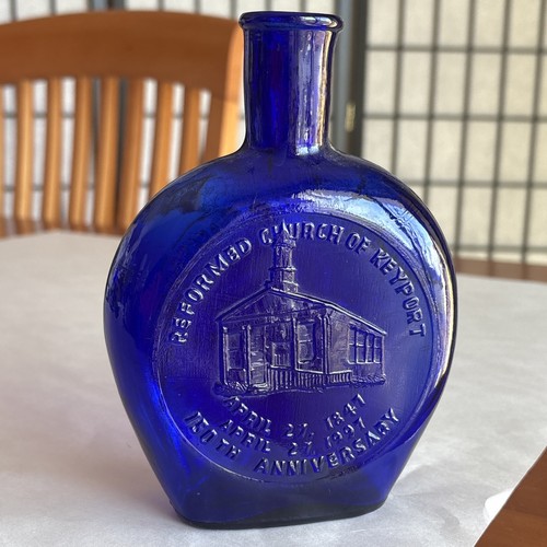 Clevenger Bros Blue Glass Bottle - Mouth Blown - Reformed Church Of Keyport VTG