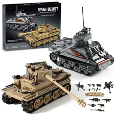 WW2 Tank Building Kit German Tiger & M4 Sherman 1184 Blocks Ages 8-14