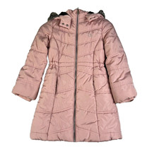 Calvin Klein Puffer Jacket Girls M 8/10 Pink Full Length Coat Hood Faux Fur