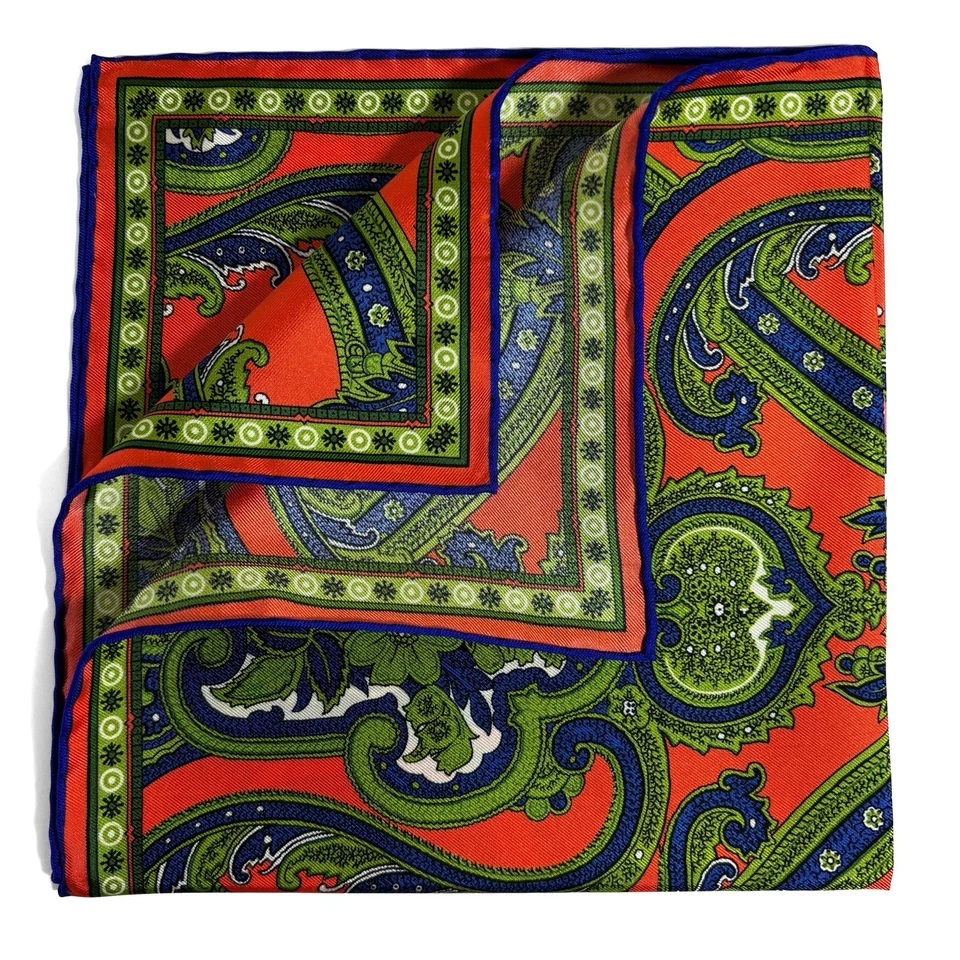 Cuadrado de bolsillo de seda con motivo floral naranja y verde (enrollado a mano en Inglaterra) Foto 3 de 4