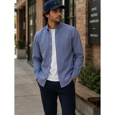 Tommy Hilfiger XL Slim Fit Blue Micro Check Button Down Shirt 17.5 Father's Day