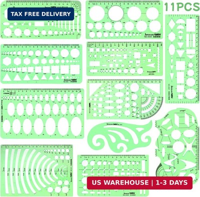 11PCS Geometric Drawings Templates, Drafting Stencils Measuring Tools,...