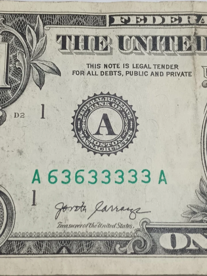 2017A $1 A BOSTON BEP A-A BLOCK BINARY WITH 5 3's  REPEATER(A636333333A) - Image 2 of 4