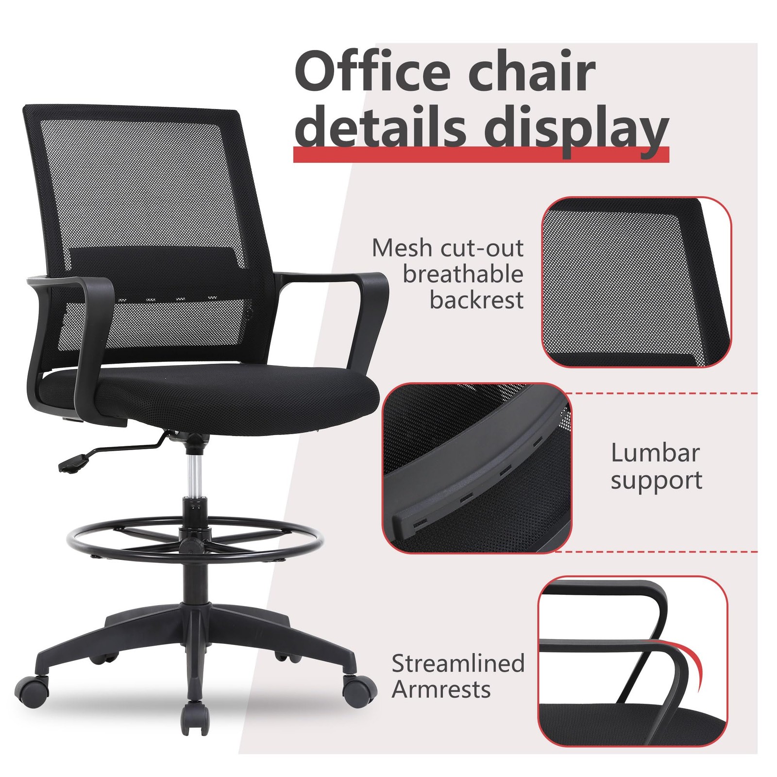 Drafting Chair Tall Office Adjustable Swivel Rolling Mesh Height with Lumbar