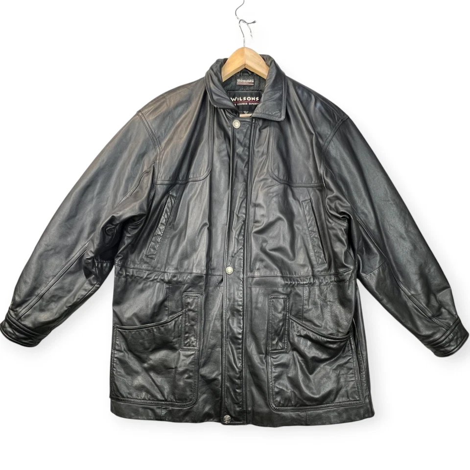 Chaqueta de Campo de Cuero Wilsons Para Hombres Años 90 Parka de Carga Negra Aislante Mediana Motociclista De Colección Foto 3 de 4