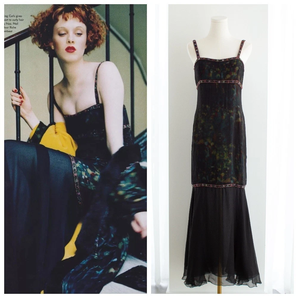 Abito vestito Chanel vintage autunno inverno 1997 nero verde acquerello perline 97A