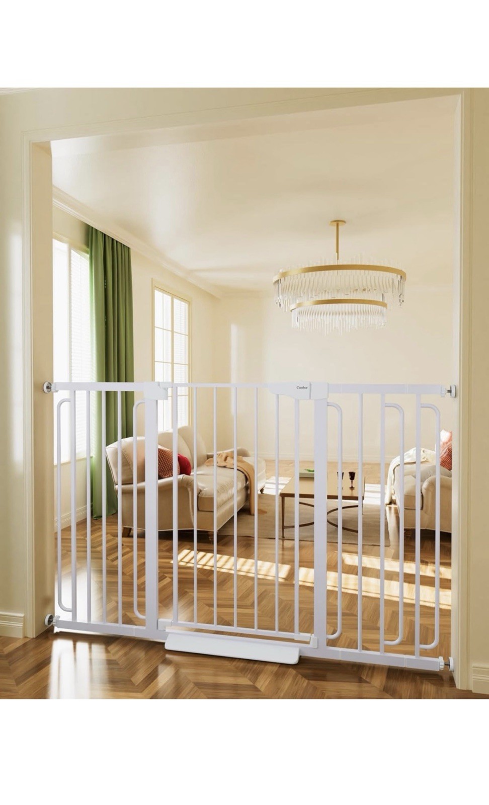 Cumbor 36 Inch Tall White Baby Dog Gate for Stairs 29.7 to 57 Inches Wide Pressure Mounted