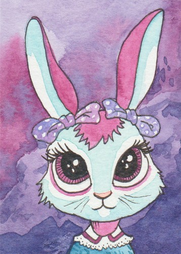 ACEO Original Bunny Watercolor Painting Cute Gothic Antique Fantasy Signed THORP