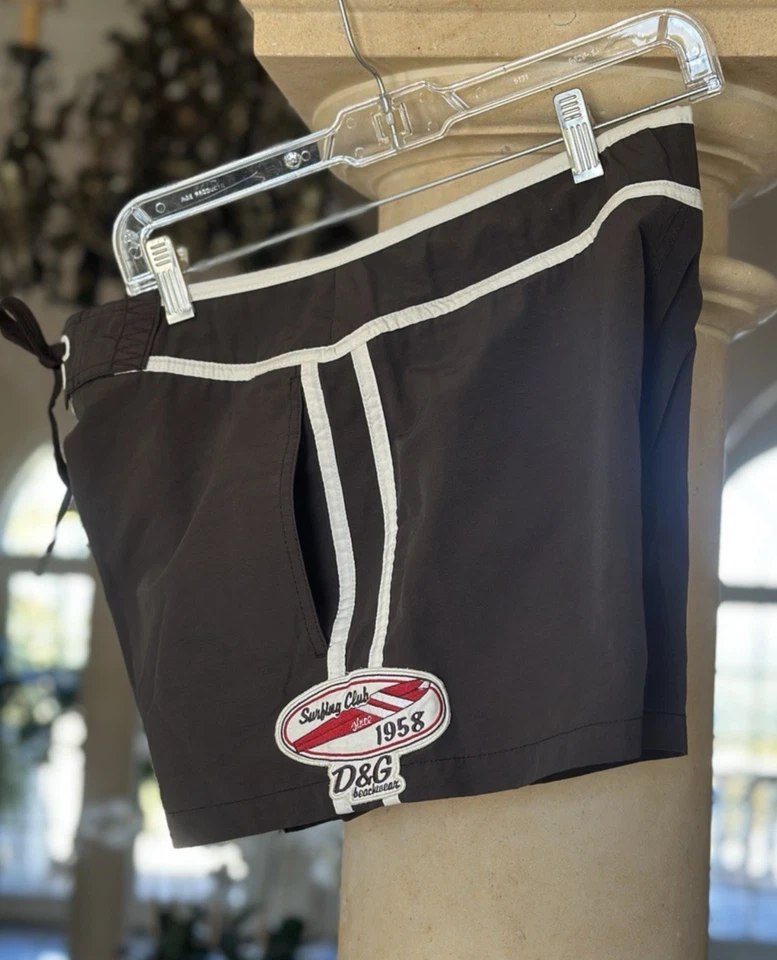 Dolce and Gabbana Brown & White Trim Swim Trunks Bathing Suit, Men's Small, Mint - Image 3 of 4