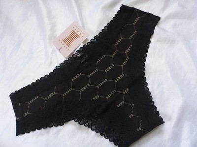 L, Savage X Fenty Cotton Essentials Cheeky Panty mit Spitzenbesatz, schwarzes Logo, NEU
