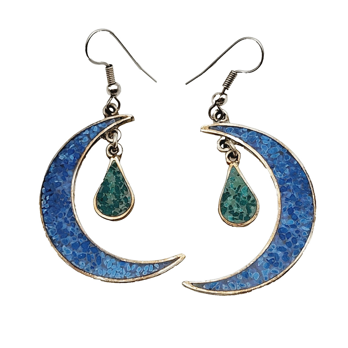 Turquoise Two Tone Crushed Inlay Celestial Design Vintage Hook Pierced Earrings