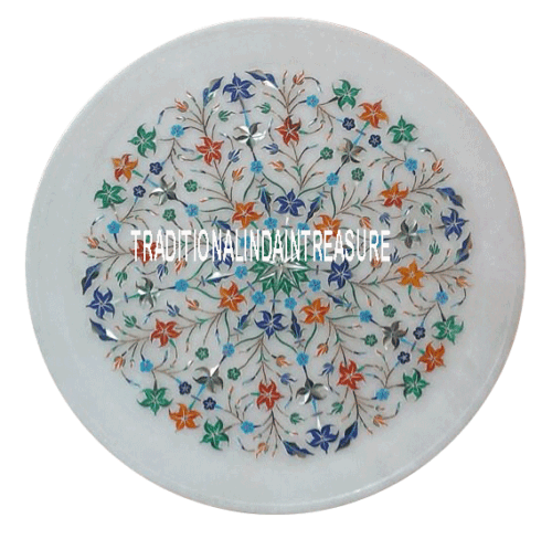 12" Small Marble Round Dish Plate Stone Inlay Pietradura Peak Holiday Decor Gift - Picture 1 of 8