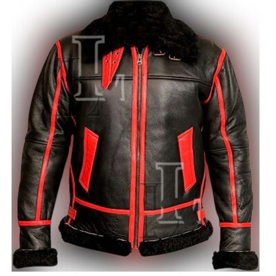 Handmade Men's Bomber Real Black Sheepskin Leather Jacket, Biker Jacket,  Sale!!