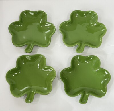 Set of 4 - Maxcera 6  Green Shamrock Clover Appetizer Dessert Plate Set NEW!