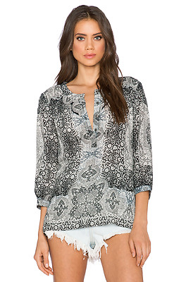 GYPSY 05 Black Ivory Print Hi Low 3/4 Sleeve Tunic Blouse Top XS $135