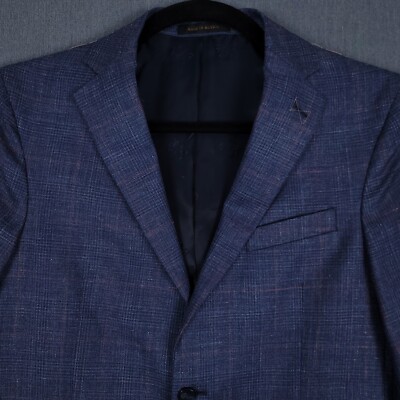Jos A Bank Sport Coat Mens 42 Regular Blue Plaid Wool Silk Linen Blend Baltimore