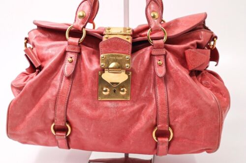 MIU MIU Ribbon Design Leather Handbag Pink Hardware & Zip Closure 9.1x15x6.7" - Picture 1 of 17
