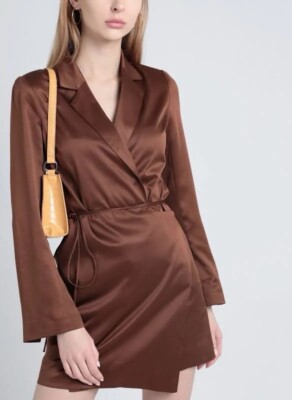 TOPSHOP Womens Size 6 Cocoa Plunge Vneck Longsleeve Satin Tie Mini Wrap Dress