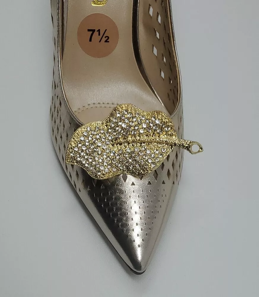 Gold Color Leaf Rhinestone Shoe Clips, Shoe Accessories