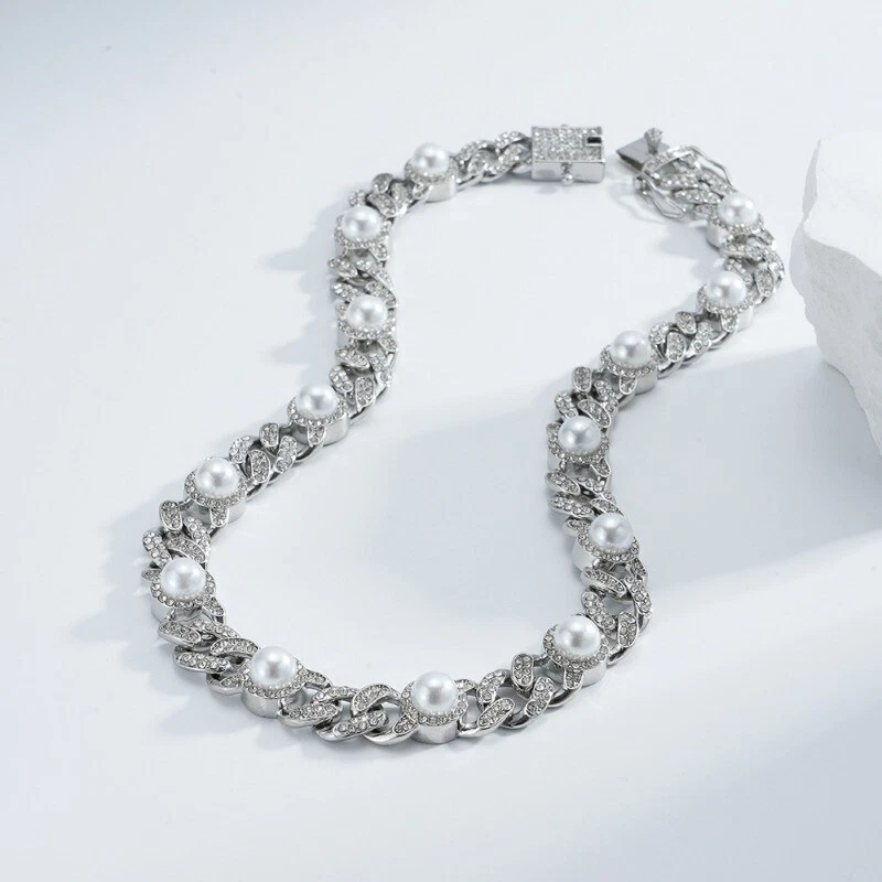 Big Pearl Diamonds Necklace Stainless Steel Hip Hop Fashion Men Cuban Chain New - Image 4 of 4