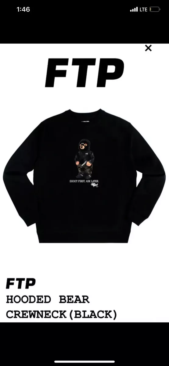 FTP Hooded Bear Crewneck, Black, 2023, Size Large (M),NEW, RARE, DEADSTOCK