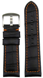 24mm Panatime Black Leather Watch Band w Gator Print, Orange Stitch & Back  849335023618 | eBay