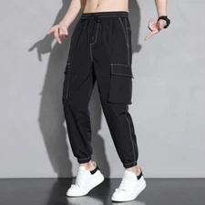 Men Tapered Cuffed Pants Drawstring Cargo Trousers Joggers Jogging Casual