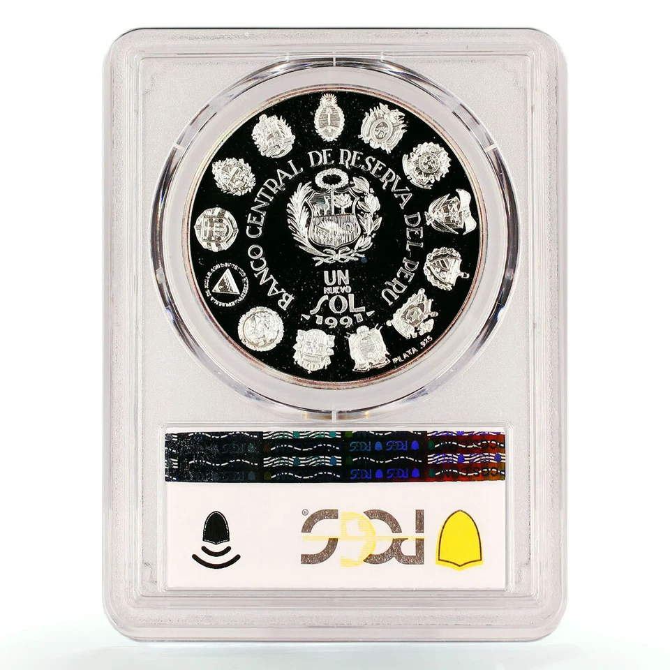 Peru 1 sol Meeting of Two Worlds Conquistador Indian PR69 PCGS silver coin 1991 - Image 2 of 2