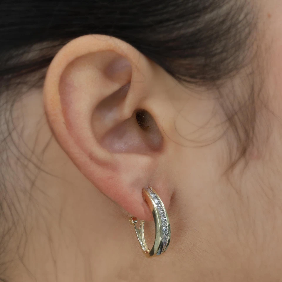 Diamond J Hoop Earrings 14K Gold 0.35 TW Channel Setting Omega Backs 0.70" - Image 2 of 4