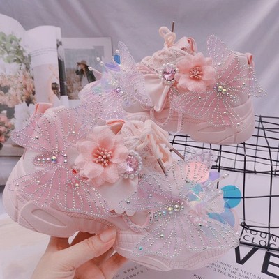Womens Lace Floral Pink Sweet Lace Up Butterfly Rhinestone Summer Casual Shoes