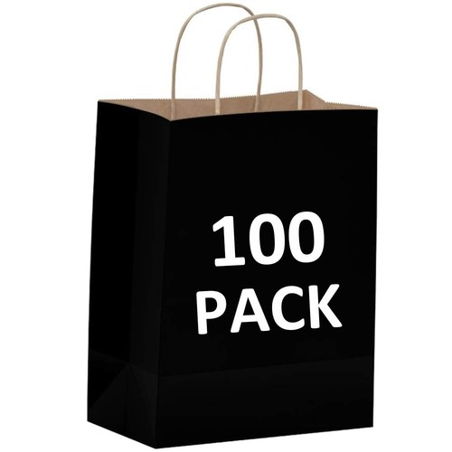 Black Paper Bags with Handles - 100 Pcs 8x4.5x10 inches Bulk Gift Bags Shoppi...