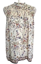 Max Studio Cream Blue Red Floral Peasant Tank Top Sleeveless Medium Smocked