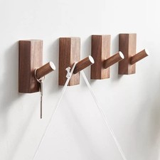 Walnut Adhesive Wood Wall Hooks Decorative Coat Hat Rack No Drill Decor 5 PCS