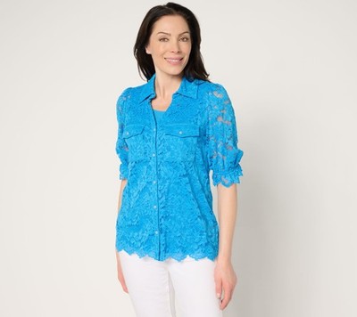 Susan Graver Occasions Short-Sleeve Button-Front Lace Top Dreamscape Blue M New
