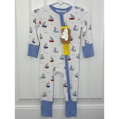 Angel Dear Baby Boys Sailboats Bamboo Convertible Sleeper Romper 3-6M NWT - Image 1 of 4