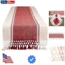Dobby Stripe Woven Table Runner, 13x72 13x77.5, Fringe Included, Barn Red