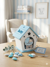 Caja de regalo de golosinas dulces casa bebé de madera azul recién nacido niño ducha fiesta