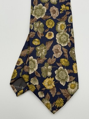 Balmain Silk Tie Floral Pattern Navy Blue Green Yellow Vintage Made In Italy