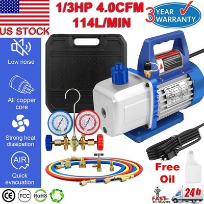 4CFM 1/3HP Air Vacuum Pump HVAC/Auto AC Refrigerant Charging Manifold Gauge Set