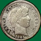 1905-S Barber Dime Choice Very Fine VF+ Coin, Details #38540