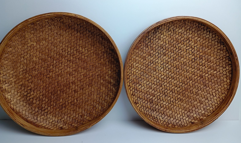 Vintage Round Shallow Woven Baskets (2) Bamboo Rattan Boho 11.75