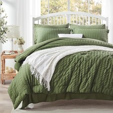 Queen Comforter Set 7 pieces, Olive Green Seersucker Bed in a Bag with
