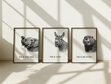Funny Bathroom Wall Art Set of 3 – Elephant Donkey Beaver Humour Prints Quirky