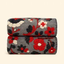 Sofa throw in red-grey floral boiled wool 150 x 170