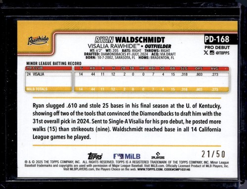 2025 Topps Pro debut #PD-168 Ryan Waldschmidt lámina de oro/50 - Imagen 2 de 2